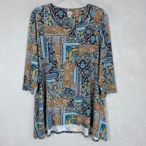 Chicos tunic top size 2 Large blue patchwork 3/4 sleeve stretch knit